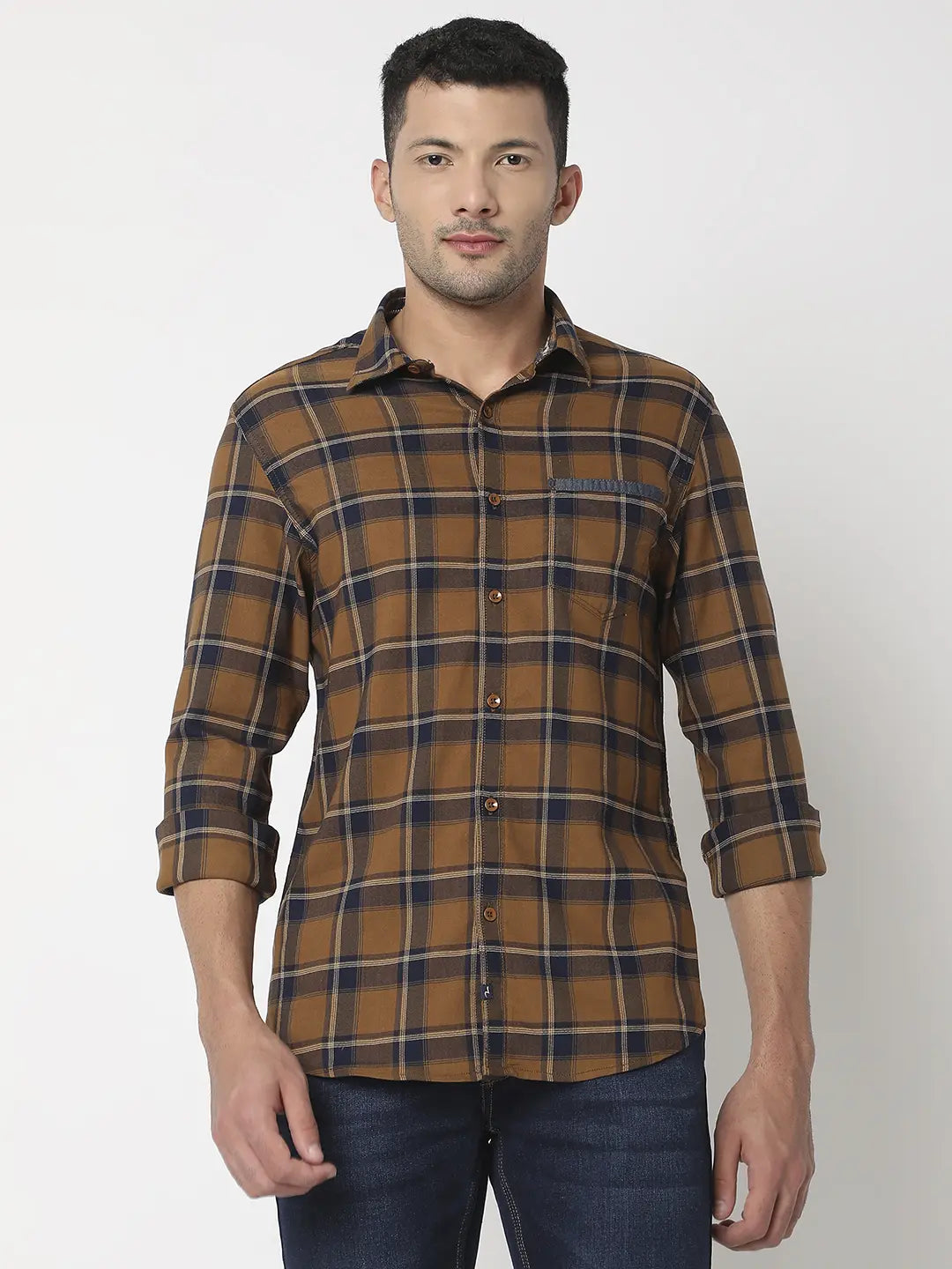 Spykar Men Khaki Cotton Slim Fit Checkered Shirt