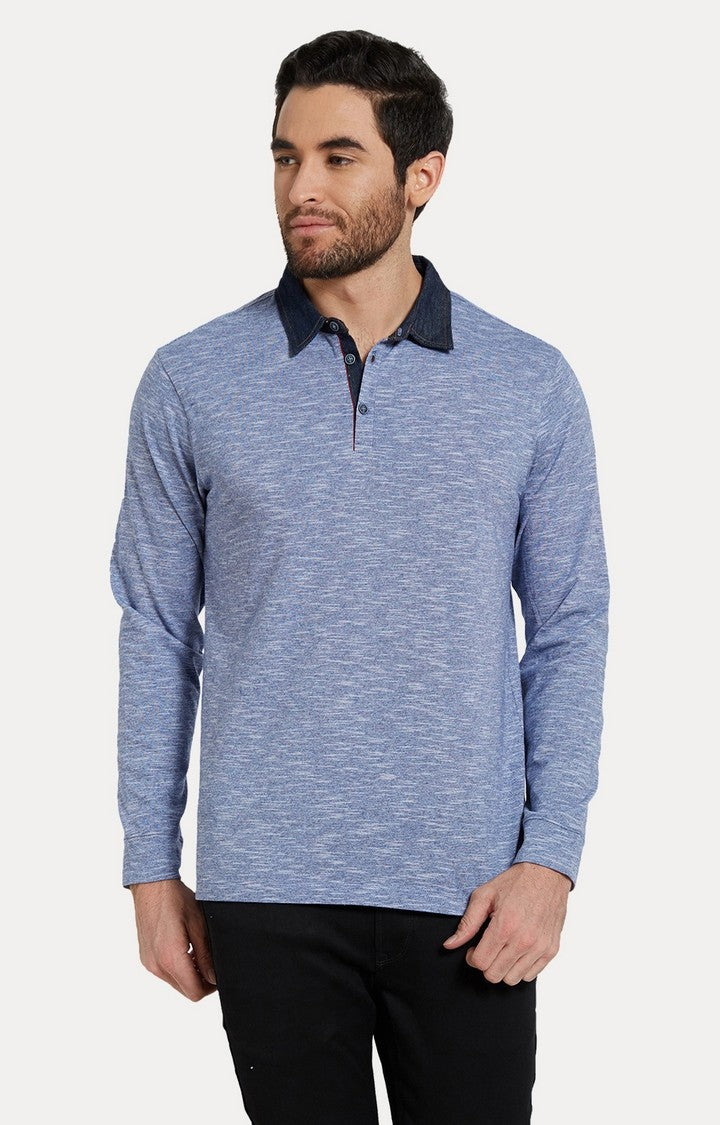 Spykar Blue Melange Slim Fit Polo T-Shirt