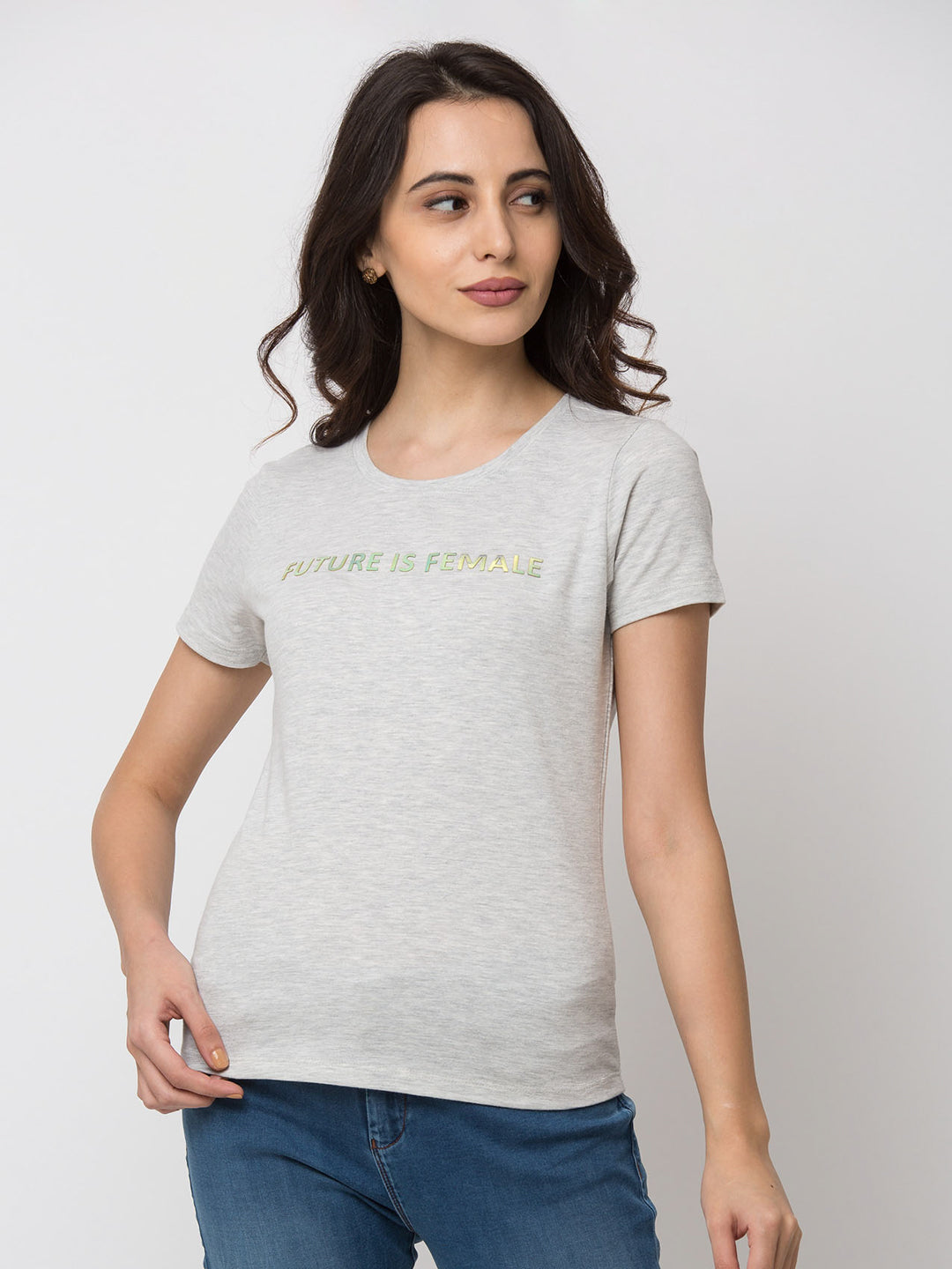 Spykar Women Grey Cotton Slim Fit Round Neck T-Shirt