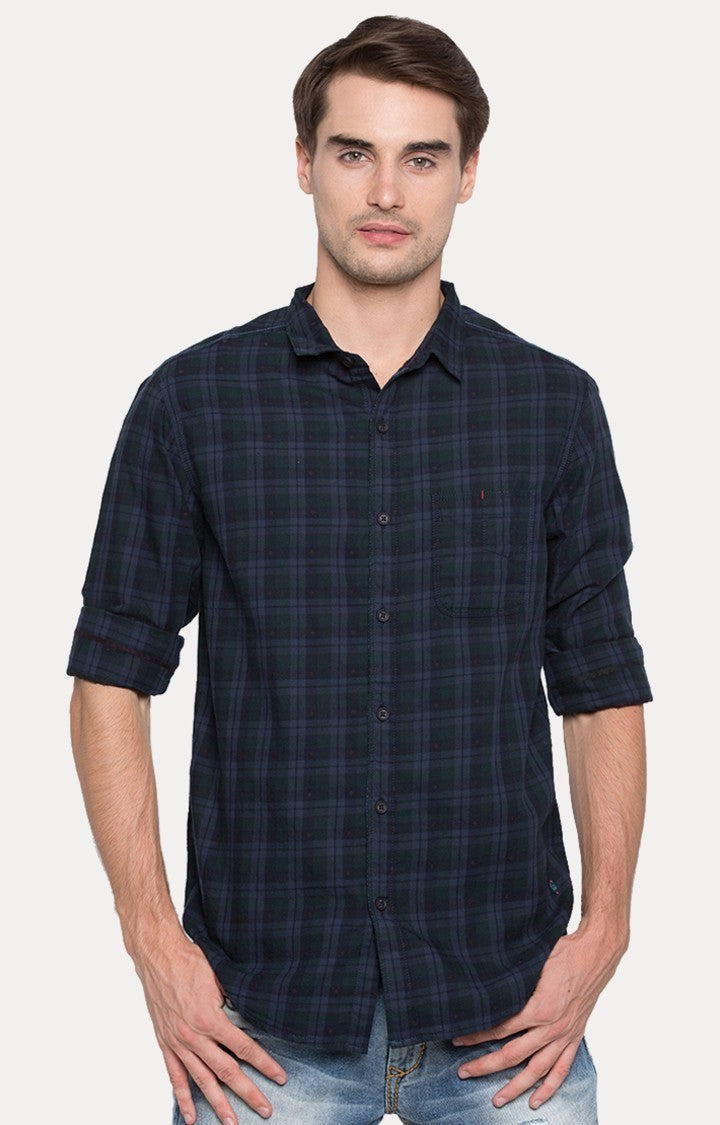 Spykar Blue Cotton Slim Fit Shirts For Men