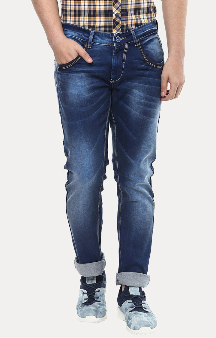 Spykar Blue Cotton Slim Fit Tapered Ankle Length Jeans For Men