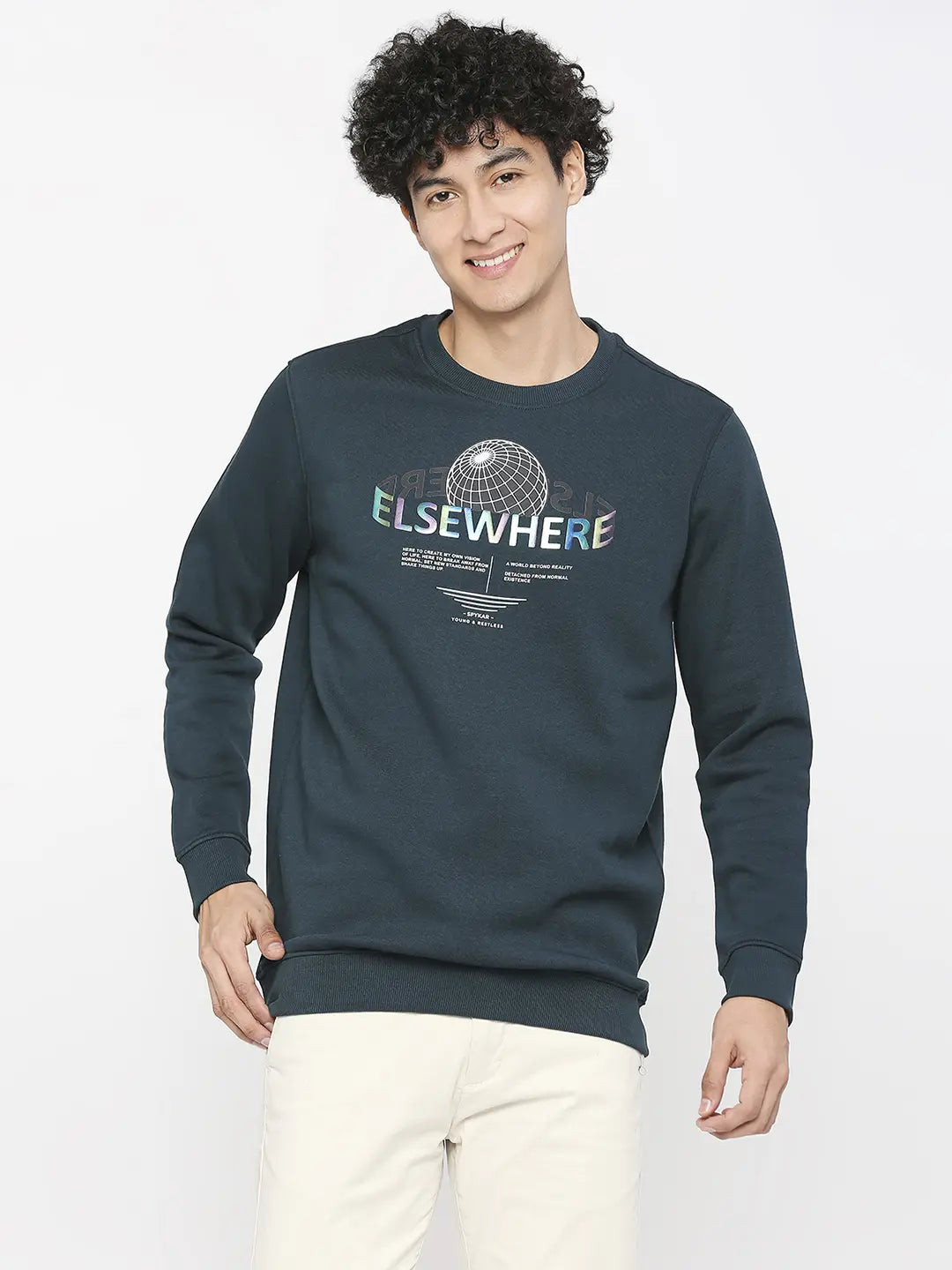 Spykar Teal Blue Cotton Full Sleeve Round Neck Sweatshirt For Men