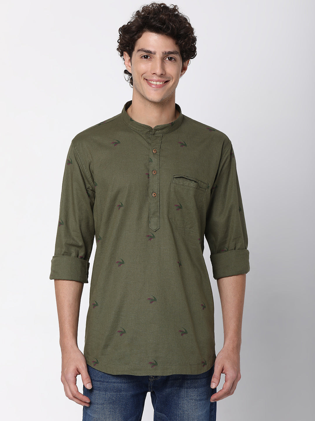 Spykar Men Olive Cotton Linen Full Sleeve Printed Kurta