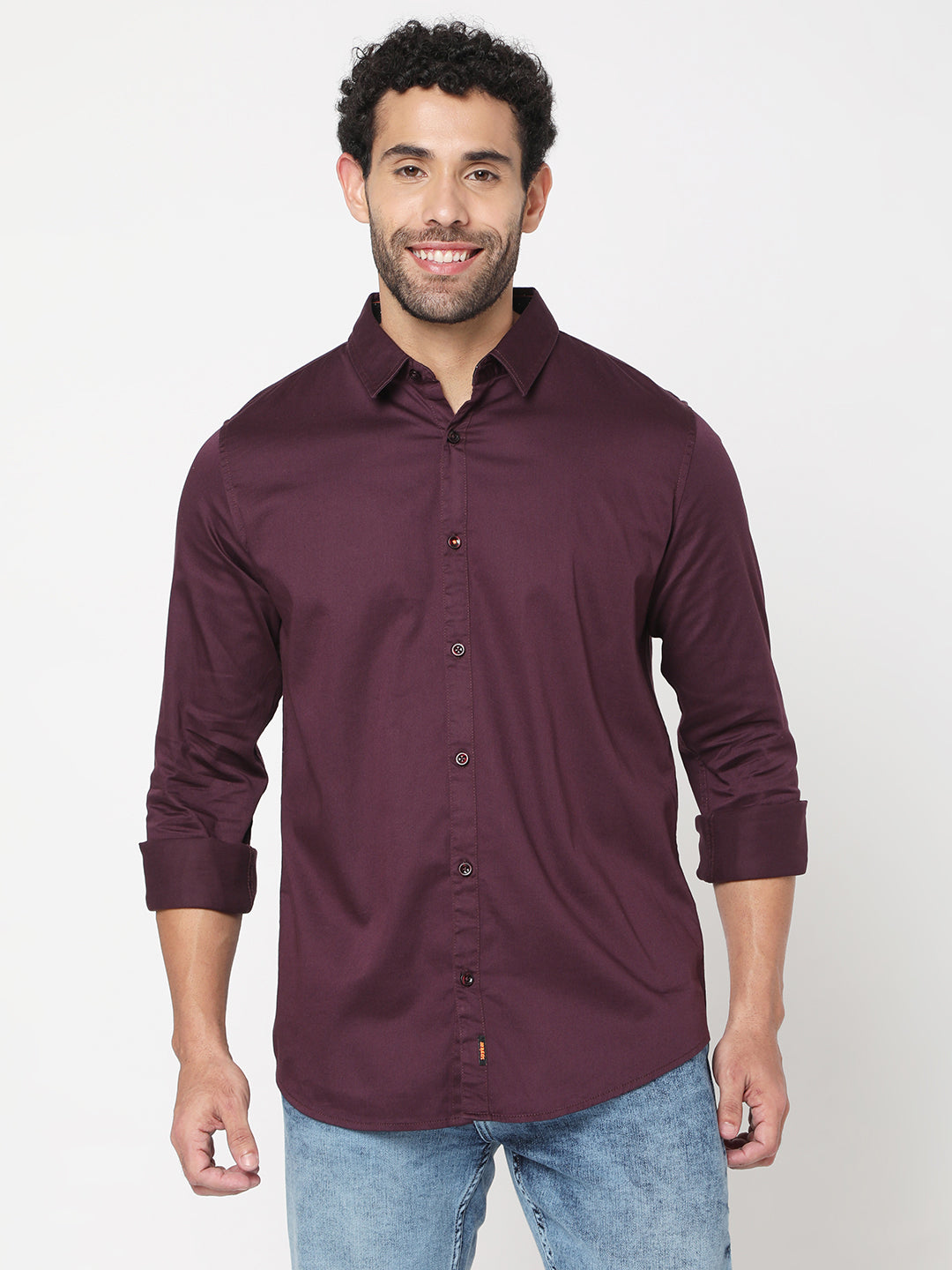 Spykar Men Wine Red Cotton Slim Fit Full Sleeve Plain Shirt