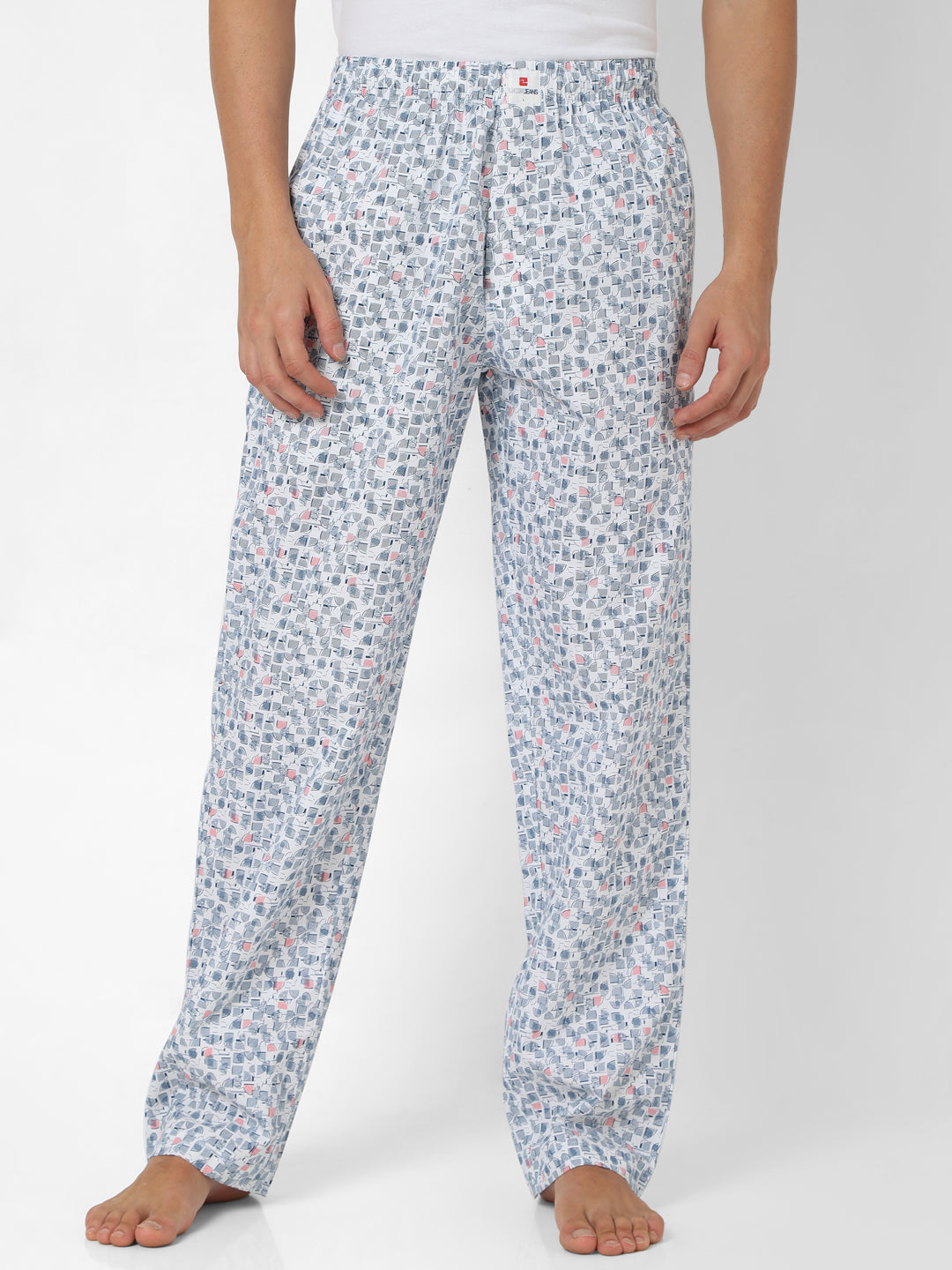 Men Premium White & Blue Cotton Printed Pyjama - Underjeans By Spykar