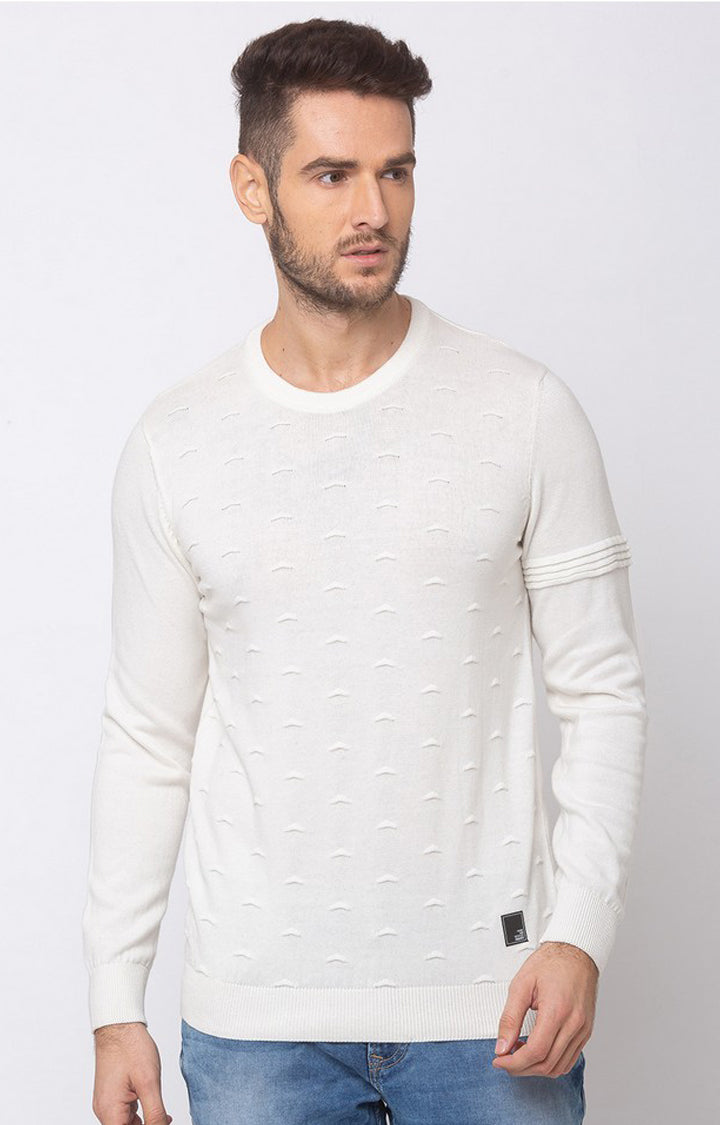 Spykar White Cotton Regular Fit Sweater For Men