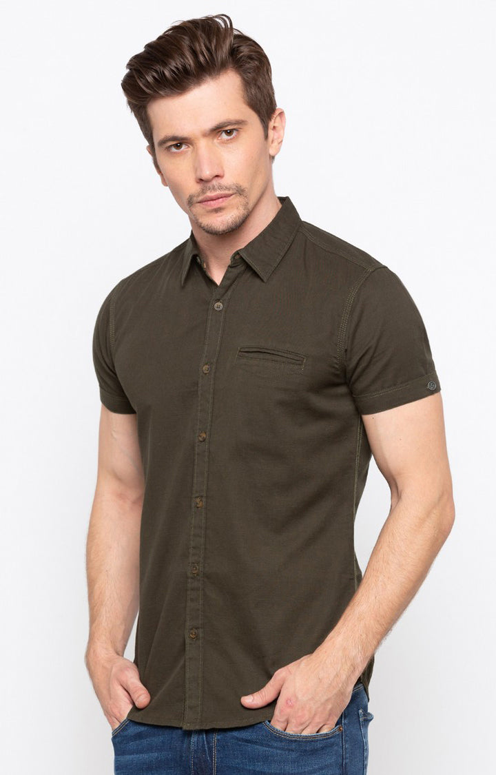 Spykar Men'S Green Cotton Solid Casual Shirts