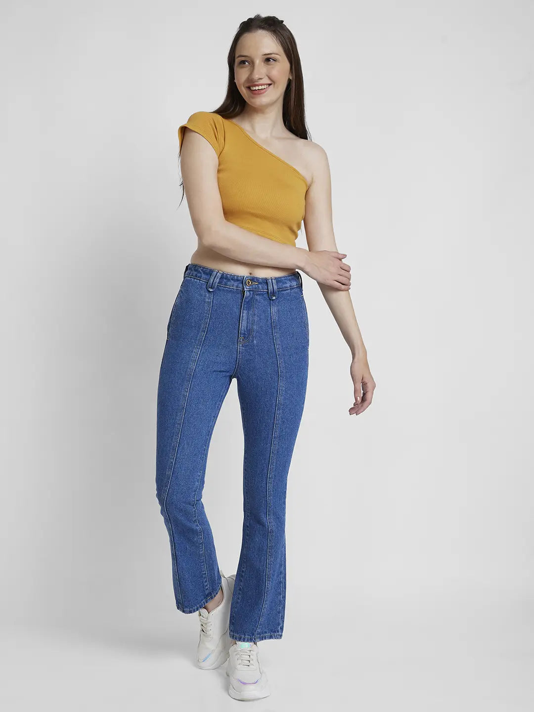 Women Mid Blue Lycra Bootcut Fit Ankle Length Clean Look Jeans -(Elissa)