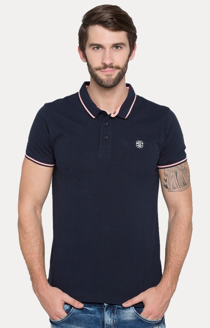 Spykar Blue Solid Slim Fit Polo T-Shirt