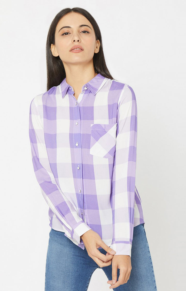 Spykar Women Lilac Viscose Checks Full Sleeve Shirts