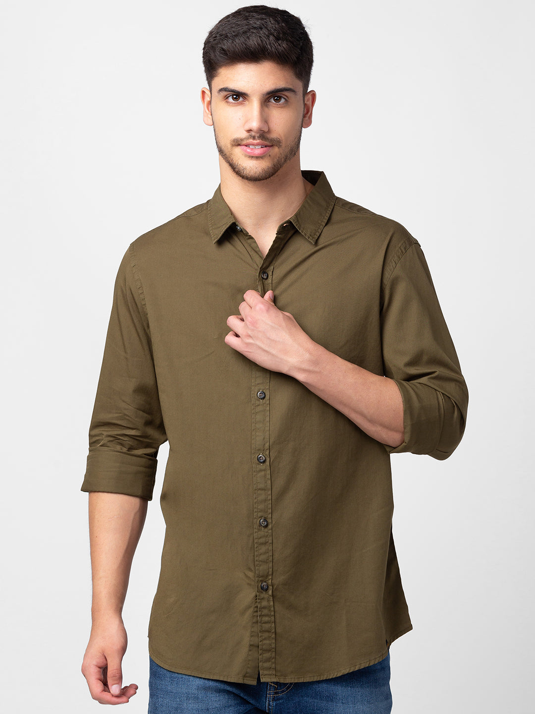 Spykar Men Military Green Cotton Slim Fit Plain Shirt