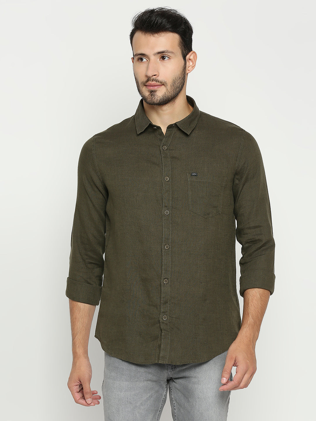 Spykar Men Olive Green Cotton Full Sleeve Plain Shirt