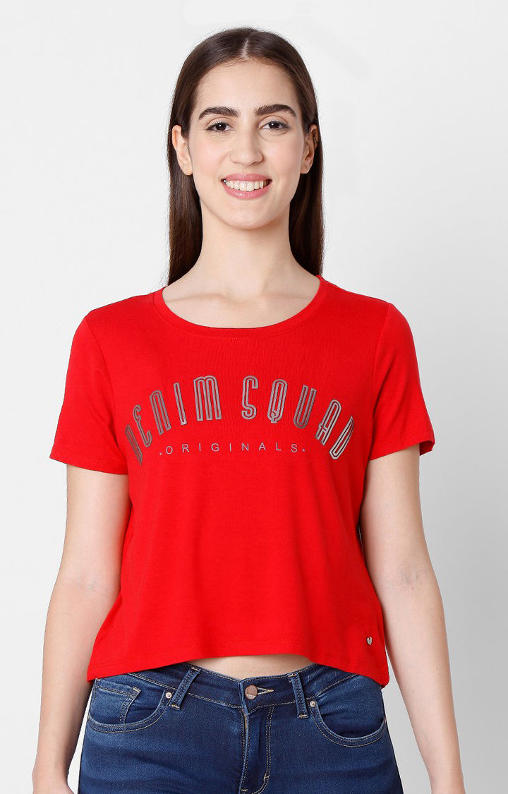 Spykar Women Red Cotton Slim Fit Round Neck T-Shirts