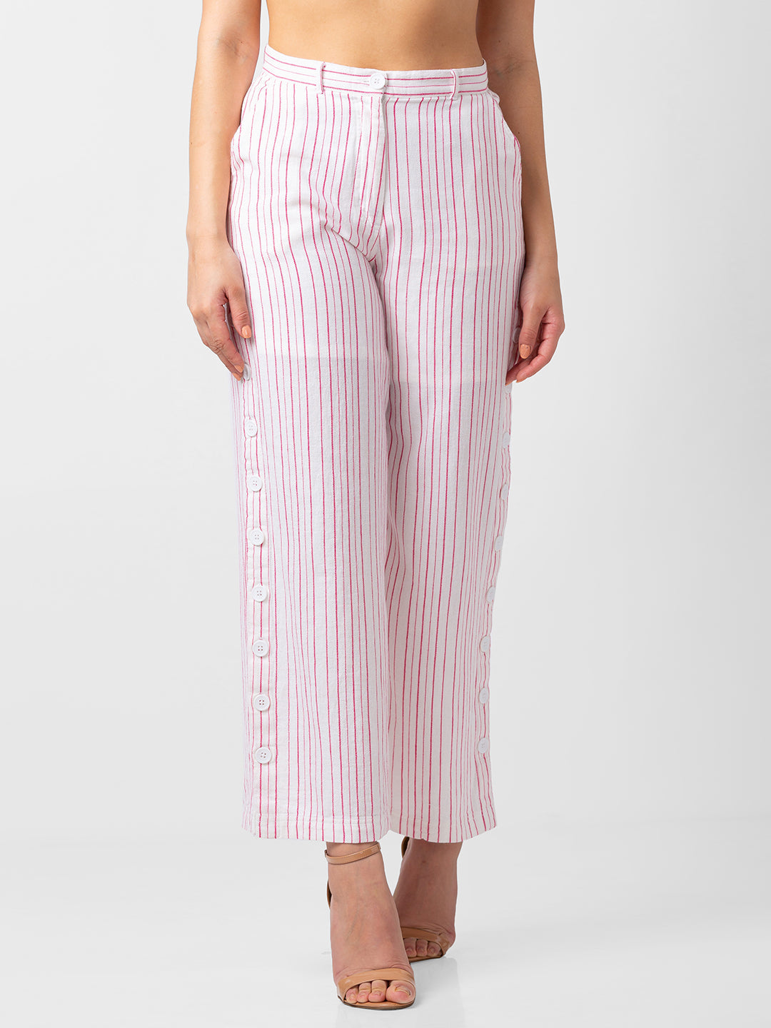 Spykar Women Pink Cotton Blend Bootcut Fit Ankle Length Striped Pants