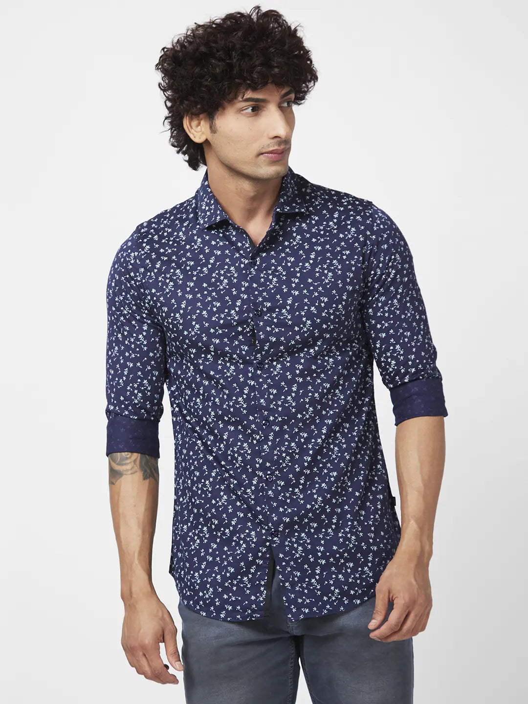 Spykar Men Navy Blue Satin Slim Fit Full Sleeve Causal Printed Shirt