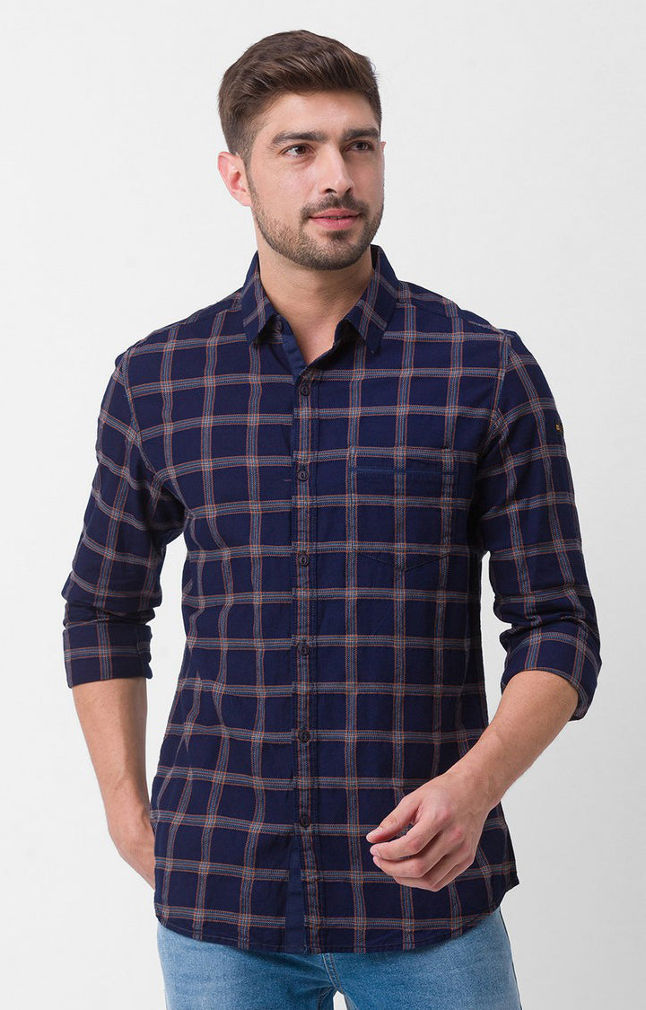 Spykar Navy Blue Cotton Full Sleeve Checks Shirt For Men