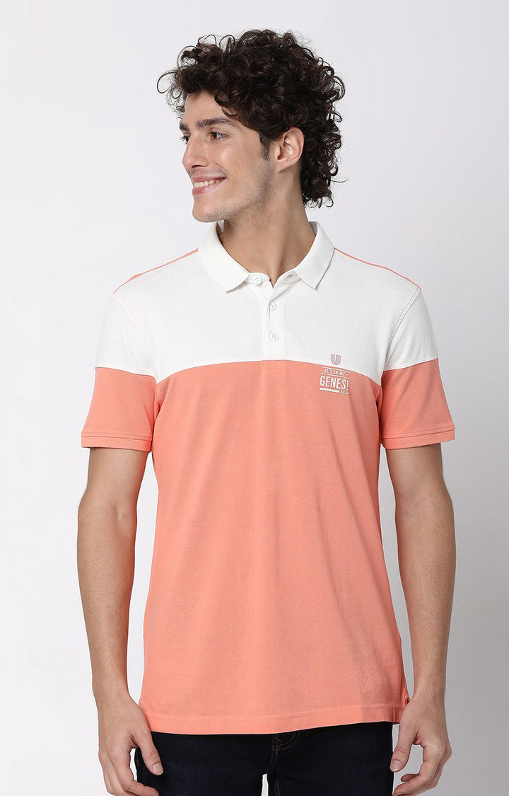 Men Premium Peach & Ecru Cotton Regular Fit Polo T-Shirt - Underjeans By Spykar