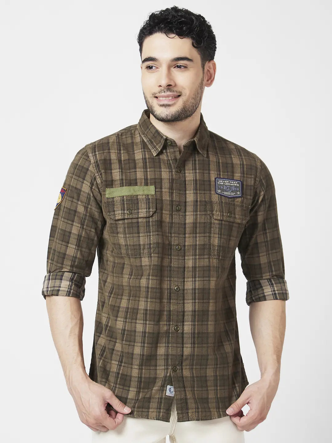 Spykar Men Military Green Cotton Regular Slim Fit Full Sleeve Checkered Shirt