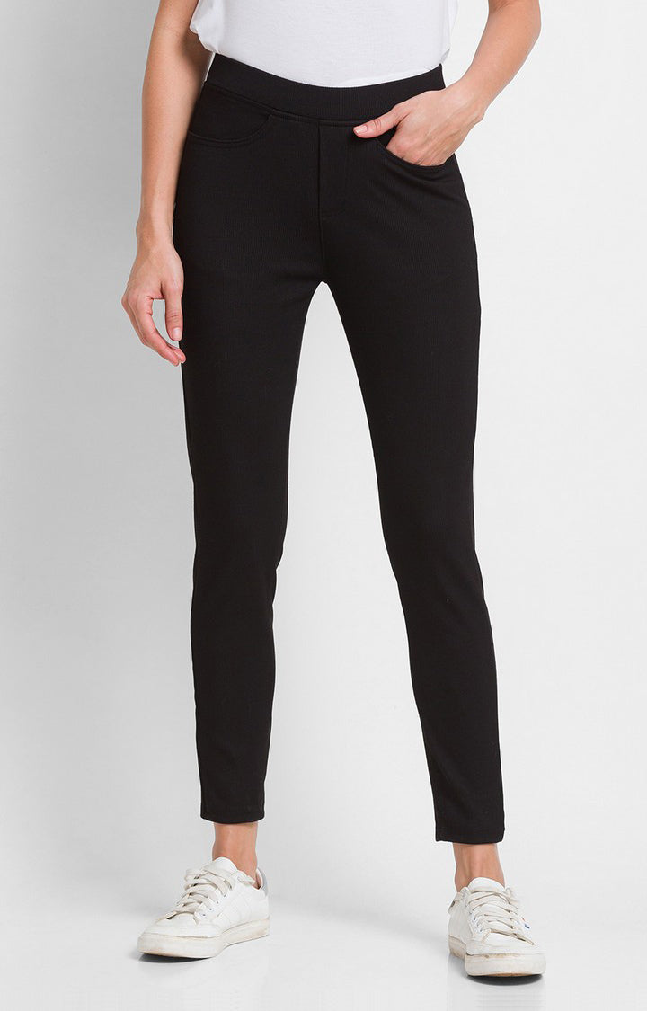 Spykar Black Cotton Regular Fit Trackpant For Women