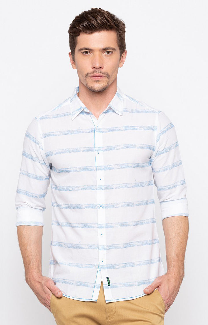 Spykar Men'S White Cotton Striped Casual Shirts