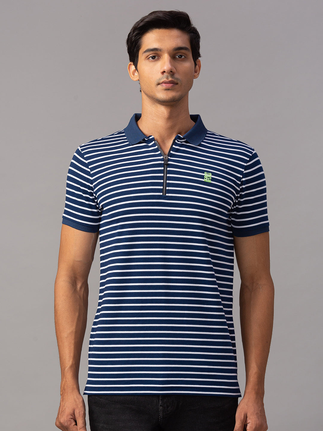 Spykar Men Blue Cotton Printed Half Sleeve Polo Tshirt