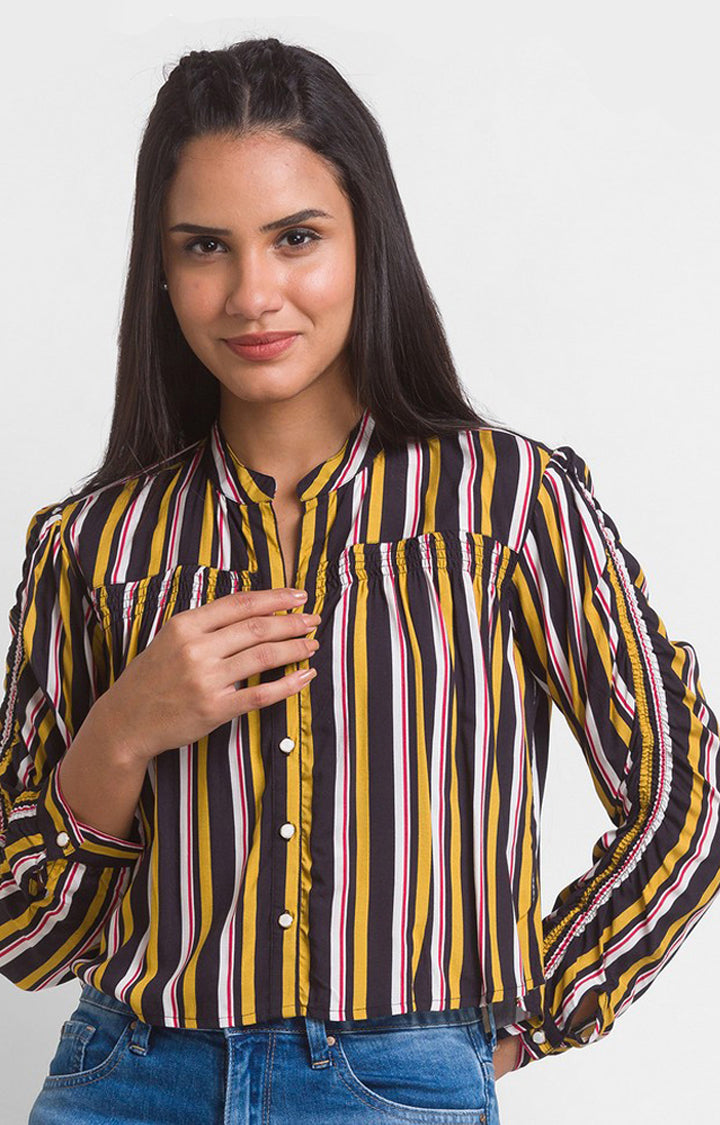 Spykar Mustard Multi Stripe Cotton Full Sleeve Striped Shirts For Women