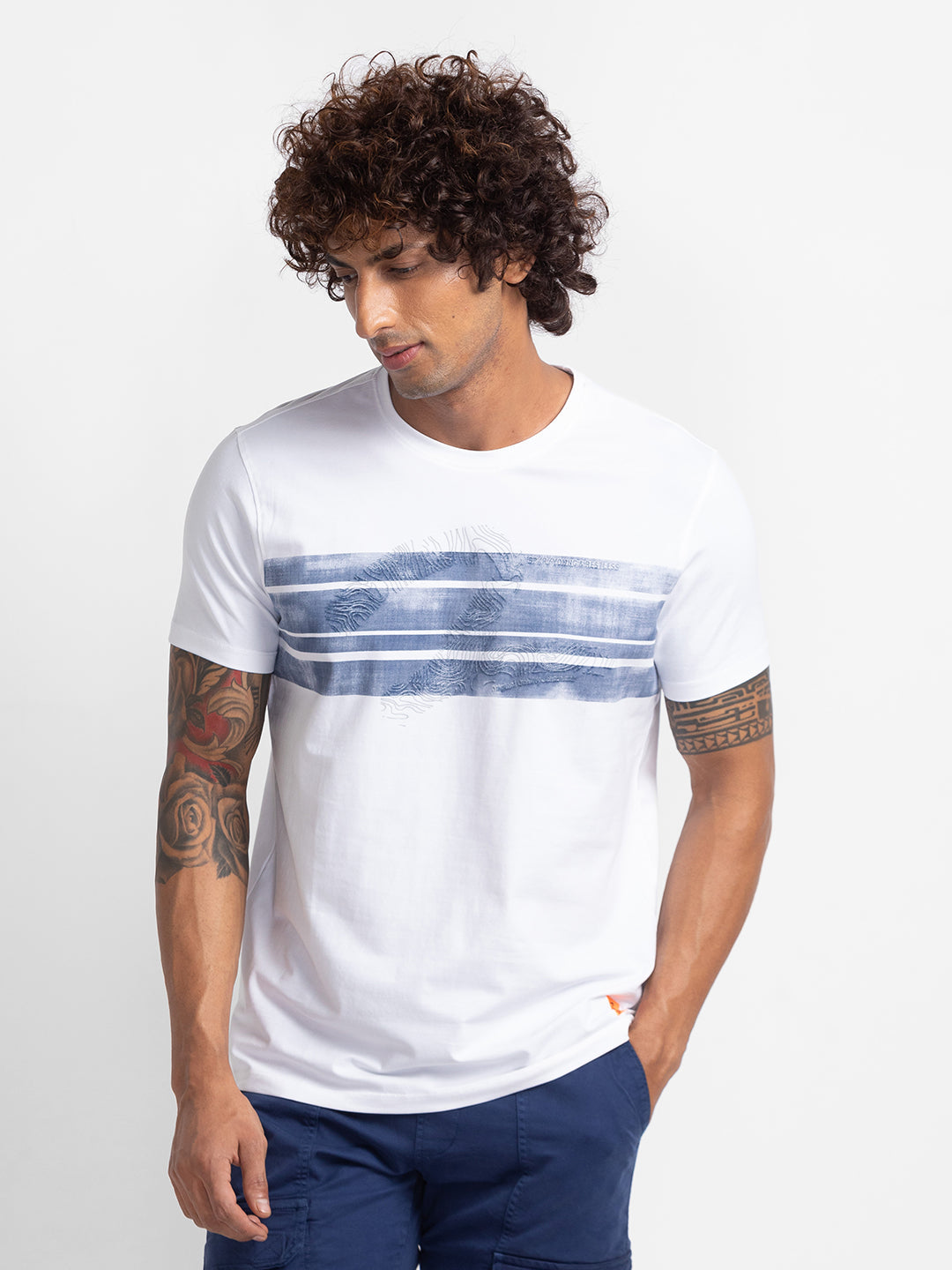 Spykar White Cotton Half Sleeve Printed Casual T-Shirt For Men