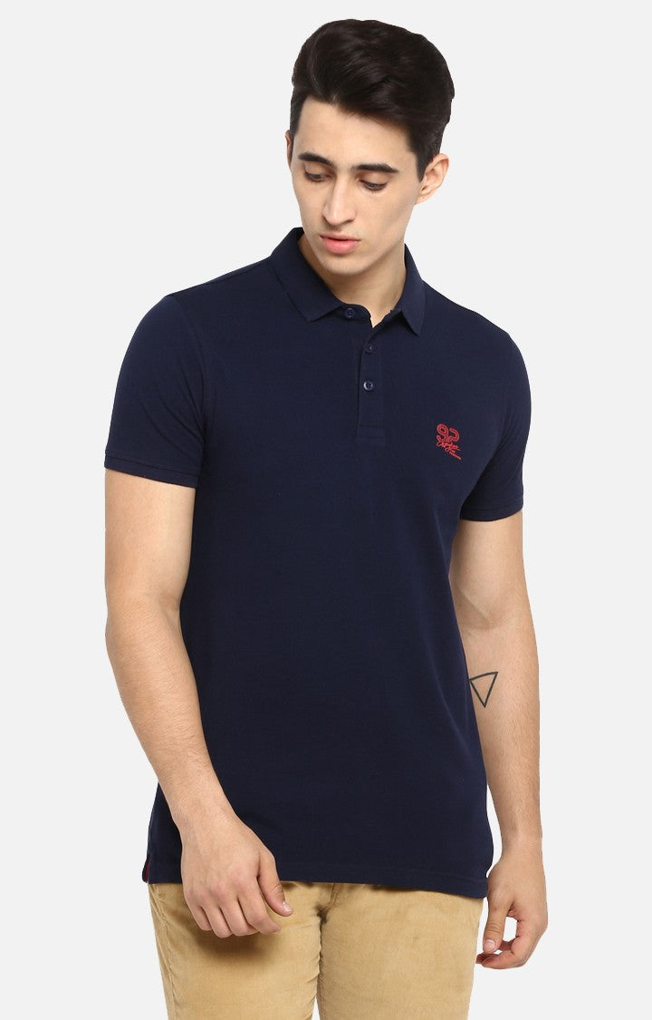 Spykar Navy Solid Slim Fit Polo T-Shirt