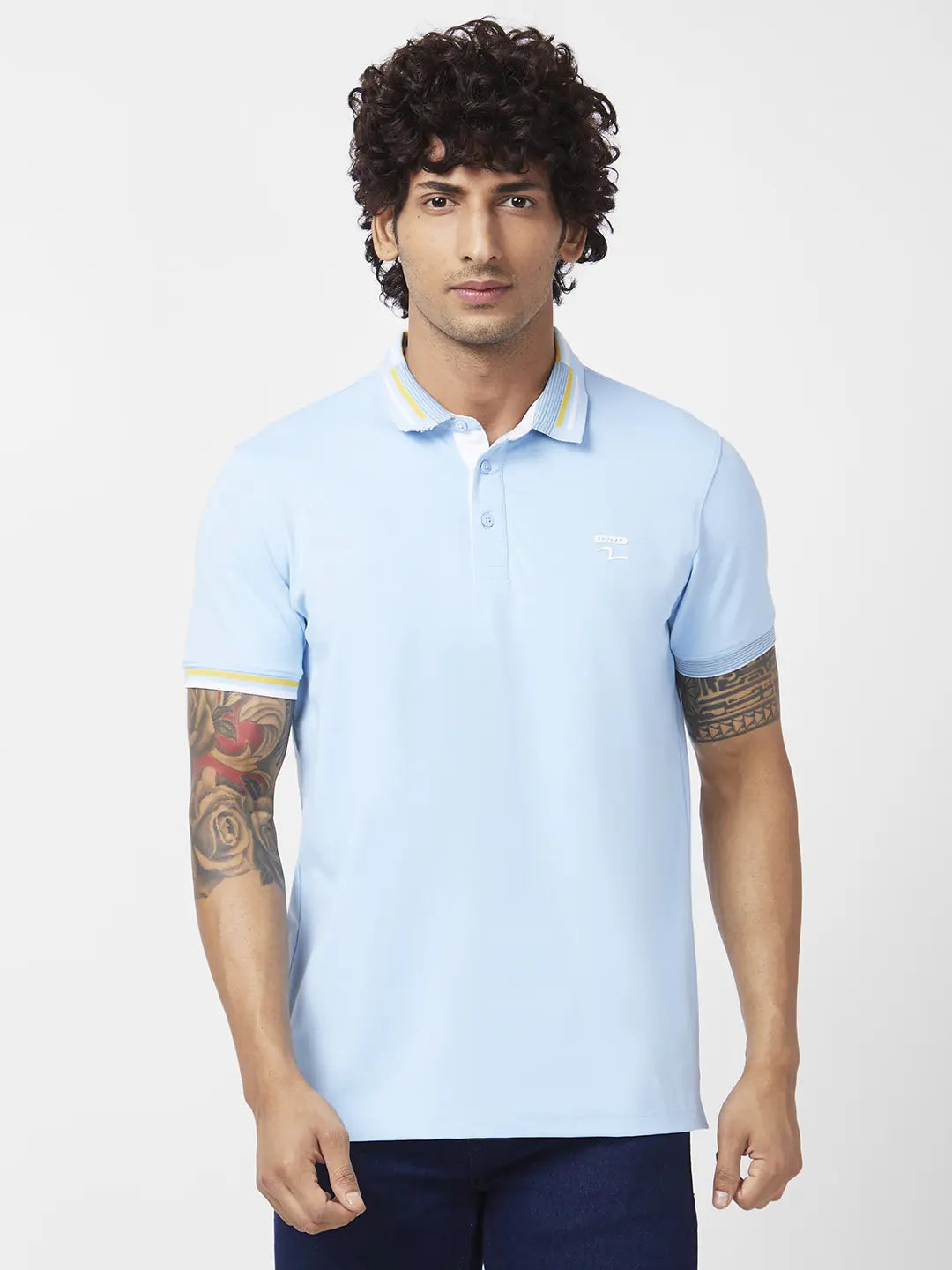 Spykar Men Powder Blue Blended Slim Fit Half Sleeve Polo Neck Plain Tshirt