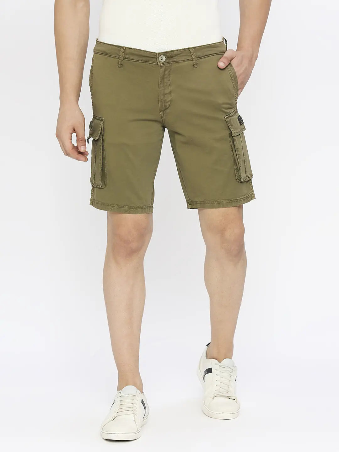 Spykar Men Olive Green Cotton Slim Fit Knee Length Denim Shorts