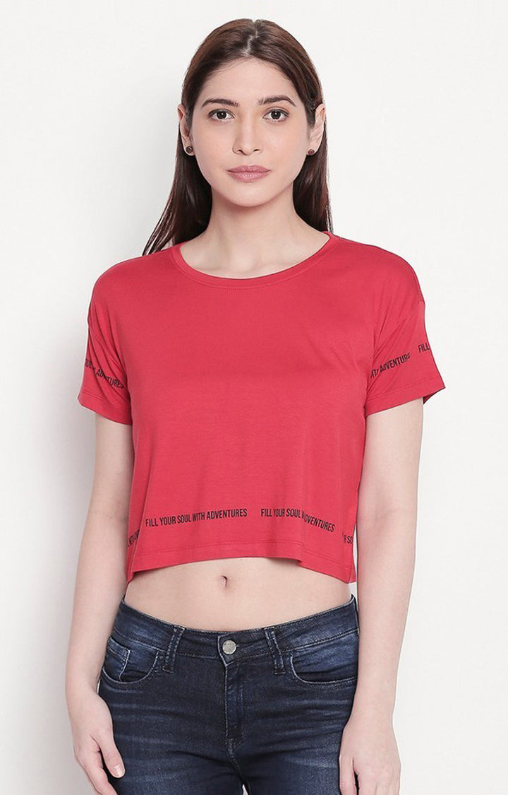 Spykar Women Red Viscose Slim Fit Round Neck Crop T-Shirt