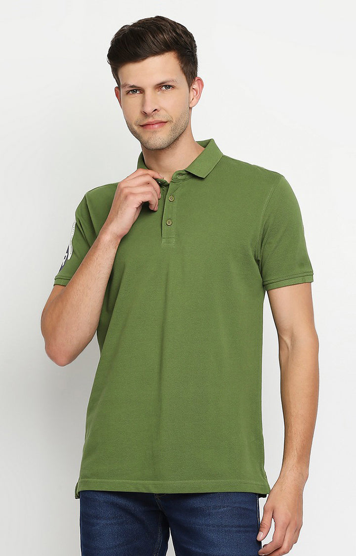 Spykar Men Green Cotton Slim Fit Round Neck Polo T-Shirt