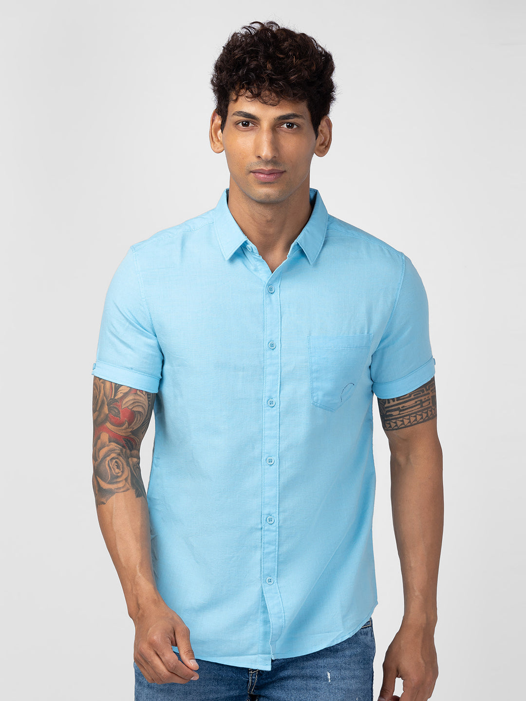 Spykar Men Bleached Aqua Cotton Slim Fit Plain Shirt