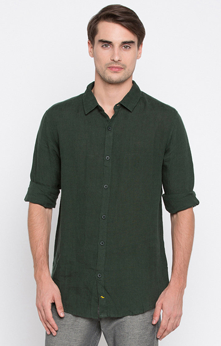 Spykar Men'S Green Cotton Solid Casual Shirts