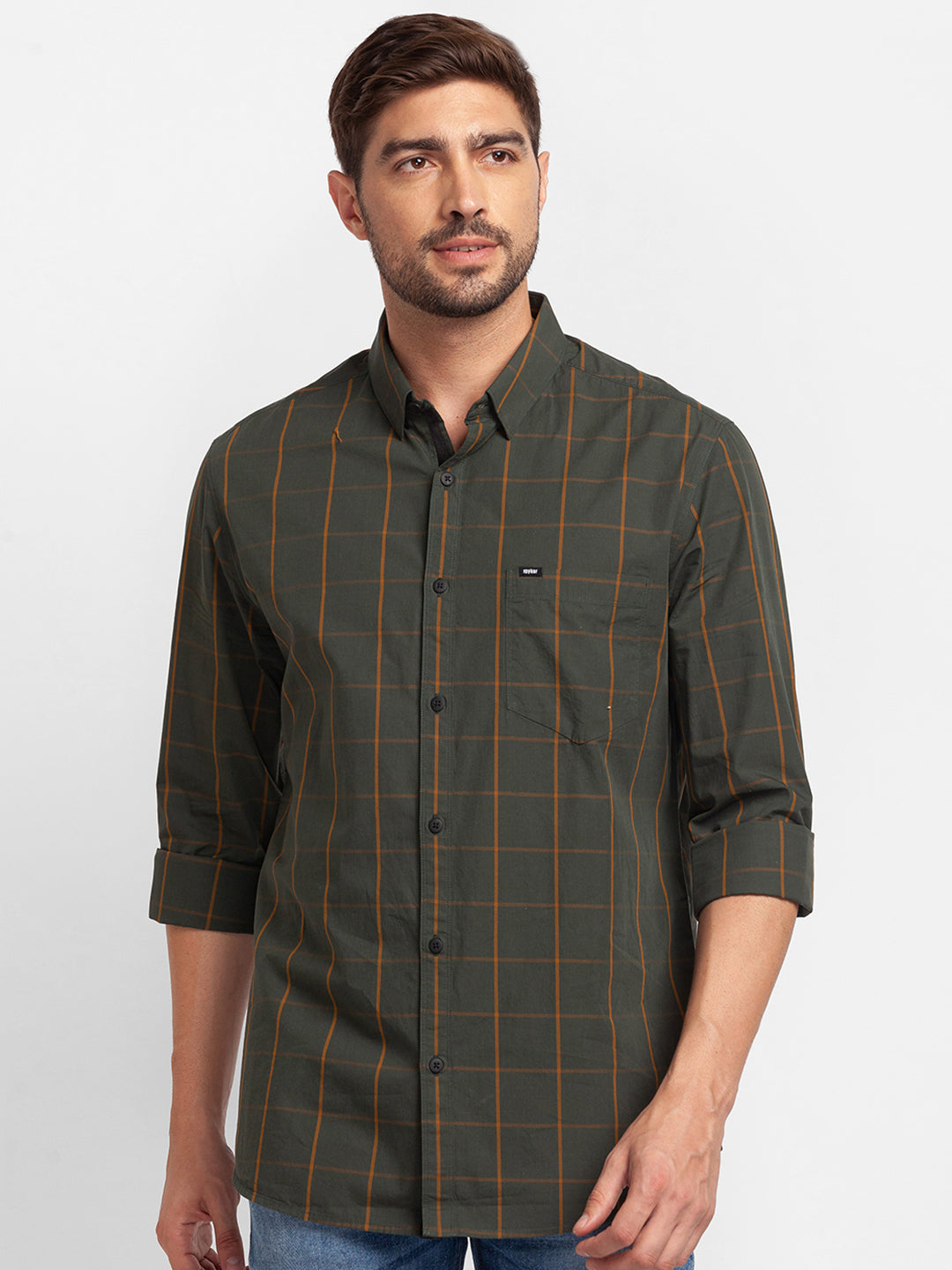 Spykar Bottle Green Cotton Full Sleeve Checks Shirt For Men