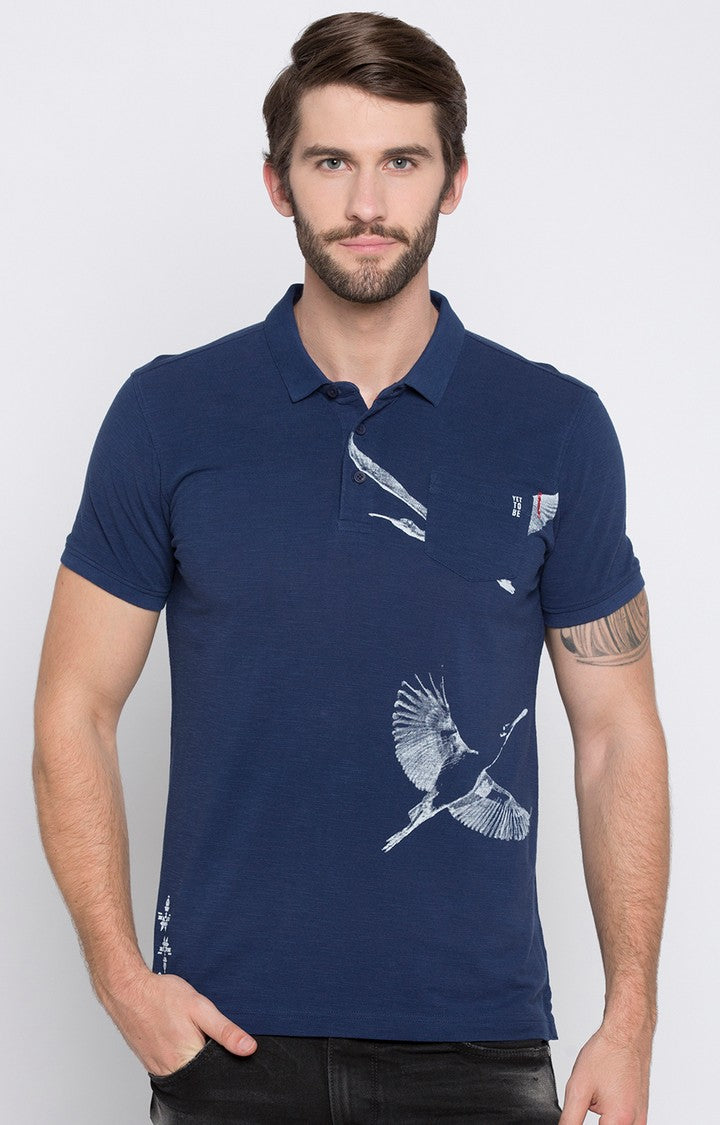 Spykar Blue Printed Slim Fit Polo T-Shirt