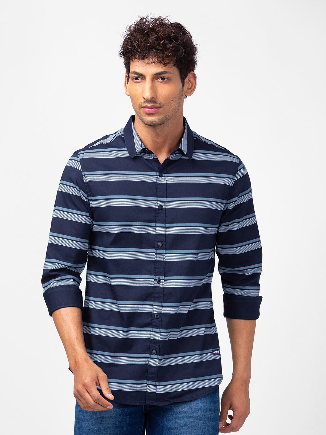 Spykar Men Navy Blue Cotton Slim Fit Striped Shirts