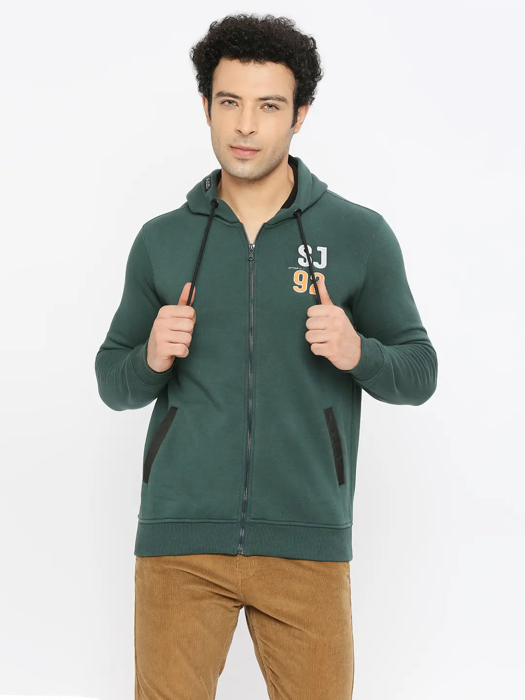 Spykar Men Forest Green Blended Regular Fit Plain Hoodie