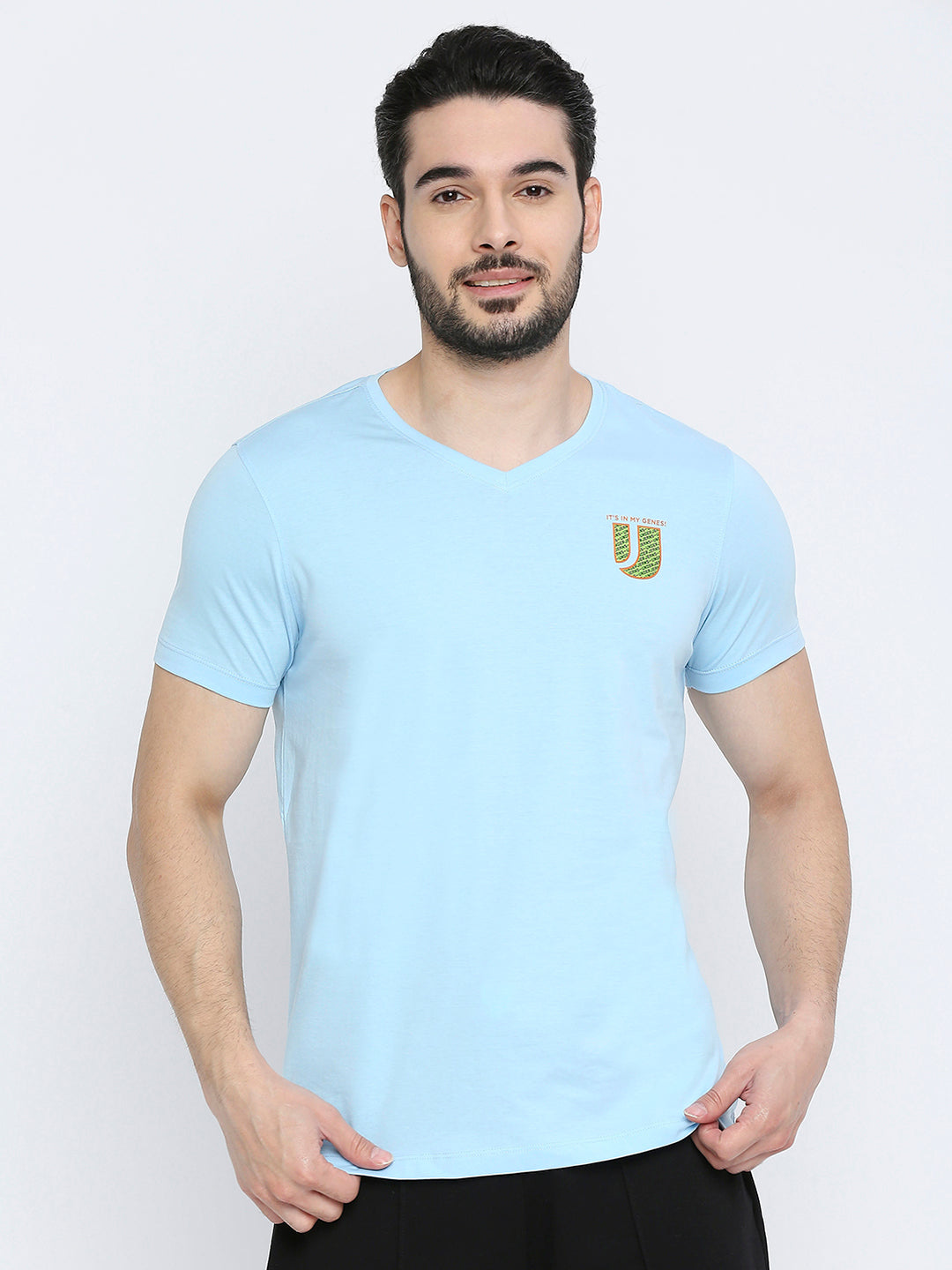 Men Premium Powderblue Cotton V-Neck T-Shirt- Underjeans By Spykar