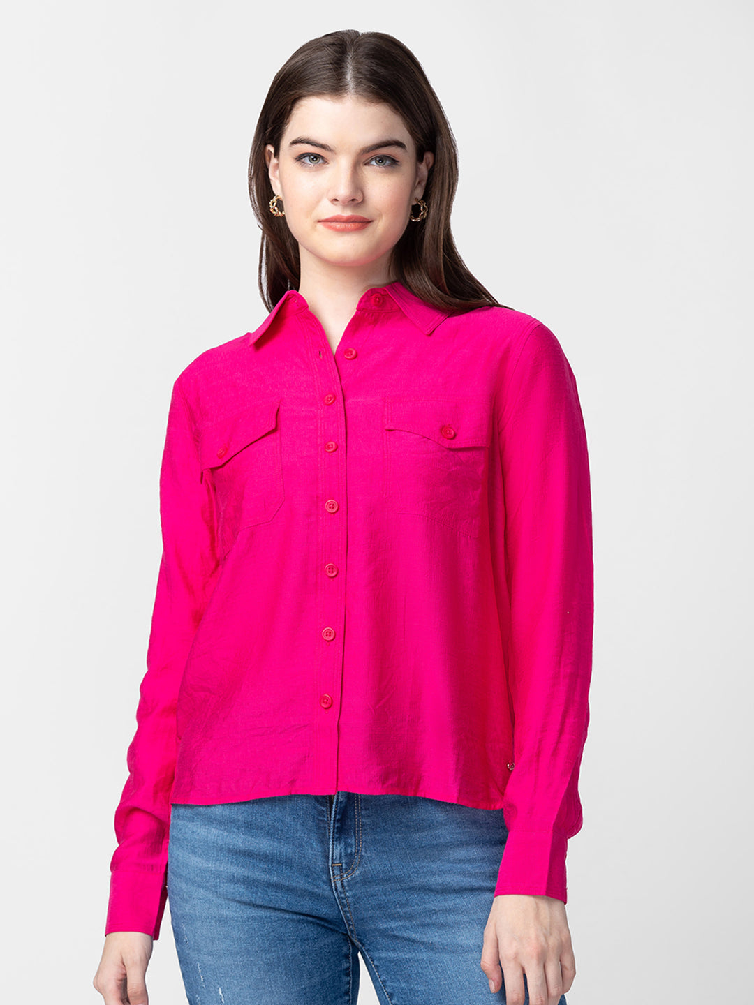 Spykar Women Fuschia Pink Cotton Regular Fit Plain Shirts