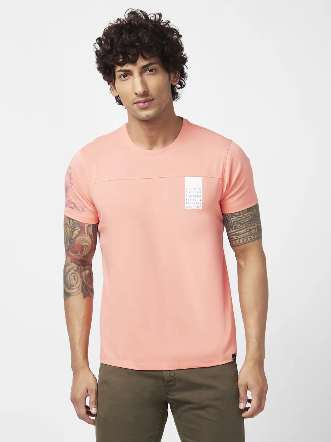 Spykar Men Peach Pink Blended Slim Fit Half Sleeve Round Neck Printed Tshirt