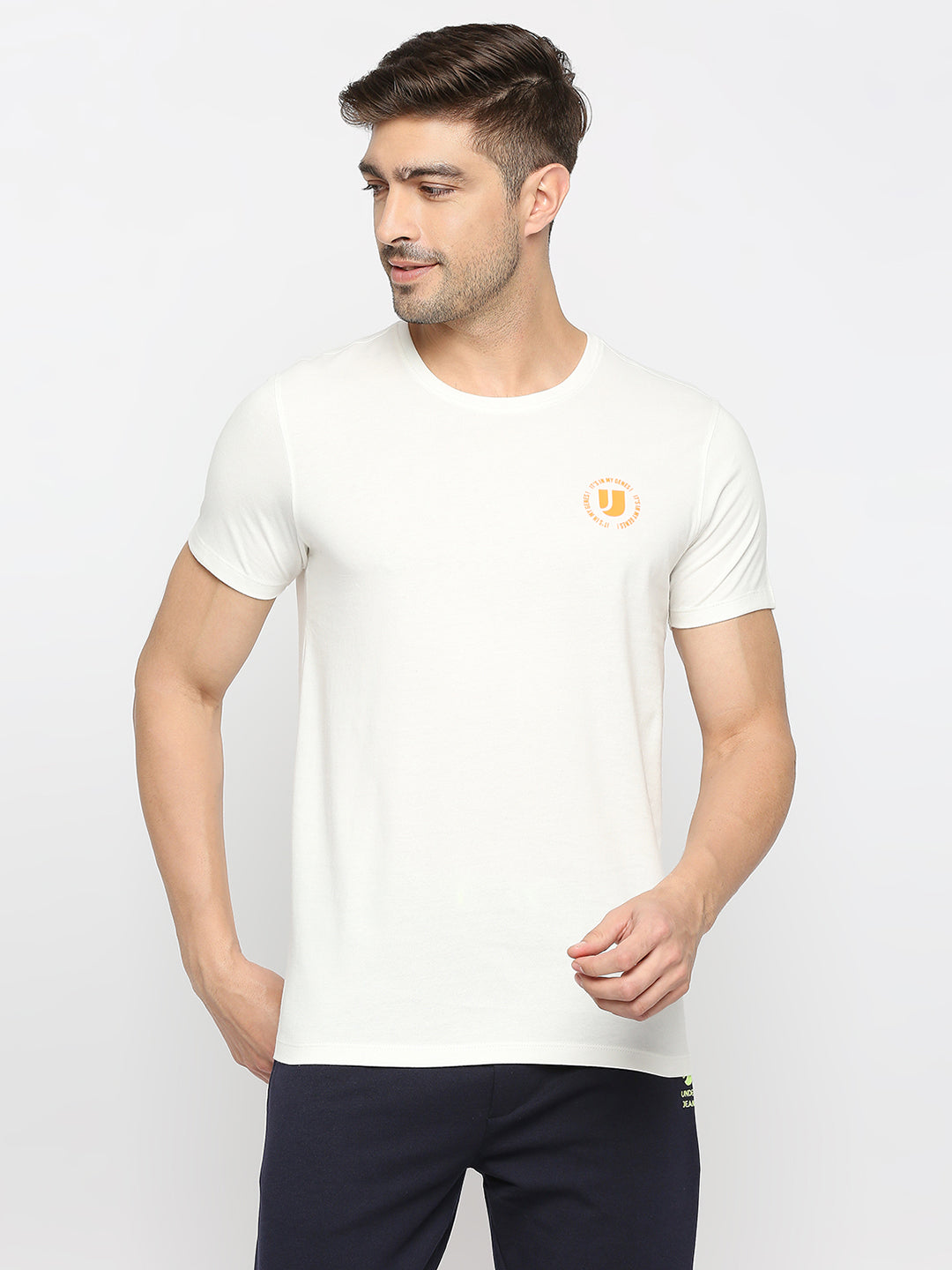 Men Premium Ecru Cotton Round Neck Plain Tshirt- Underjeans By Spykar