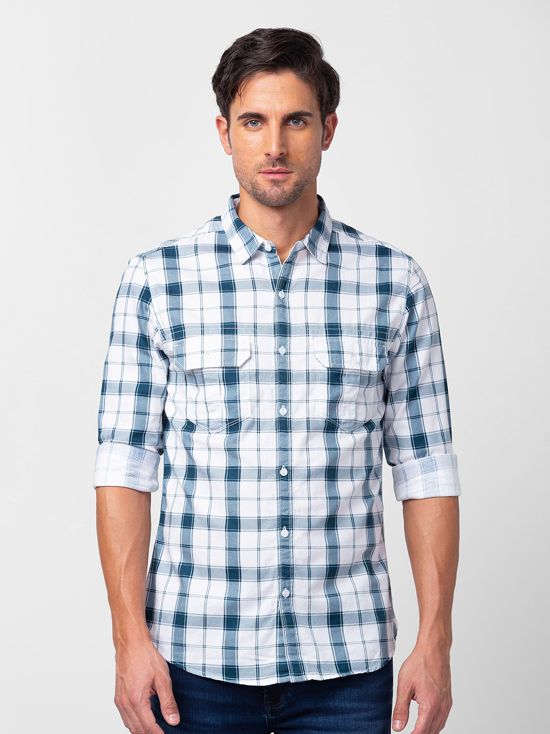 Spykar Men White Cotton Slim Fit Checkered Shirt