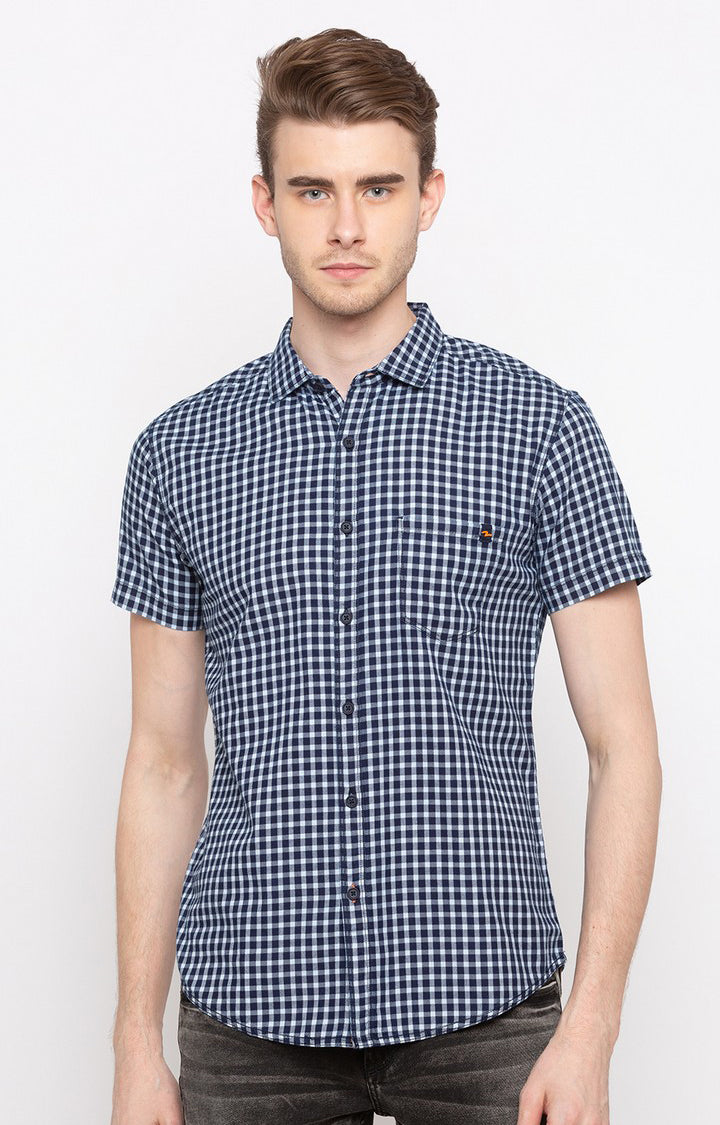 Spykar Men'S Blue Cotton Checked Casual Shirts