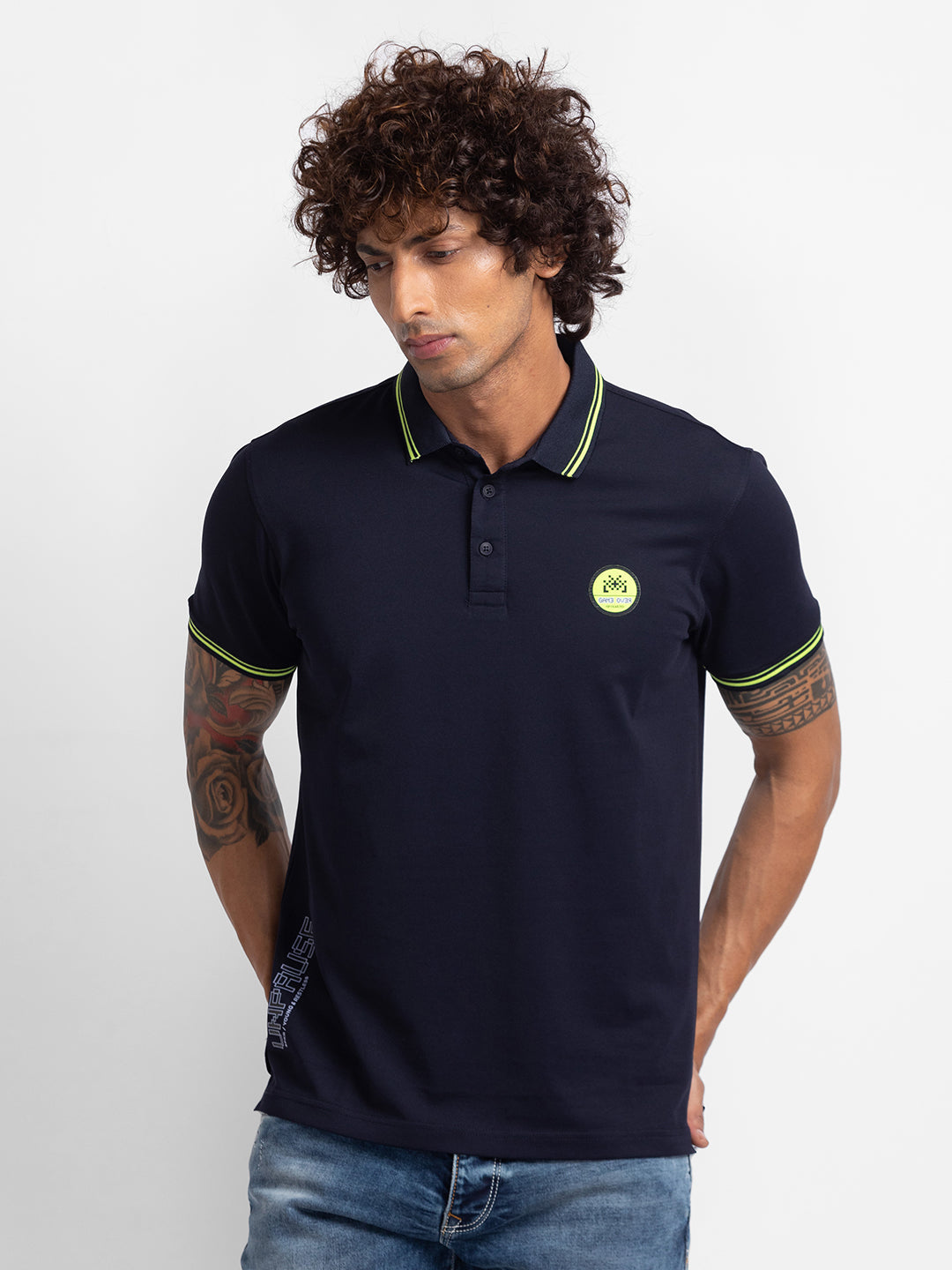 Spykar Navy Blue Cotton Half Sleeve Plain Polo T-Shirt For Men