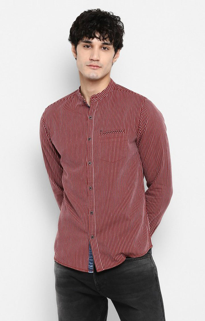 Spykar Men'S Red Cotton Striped Casual Shirts