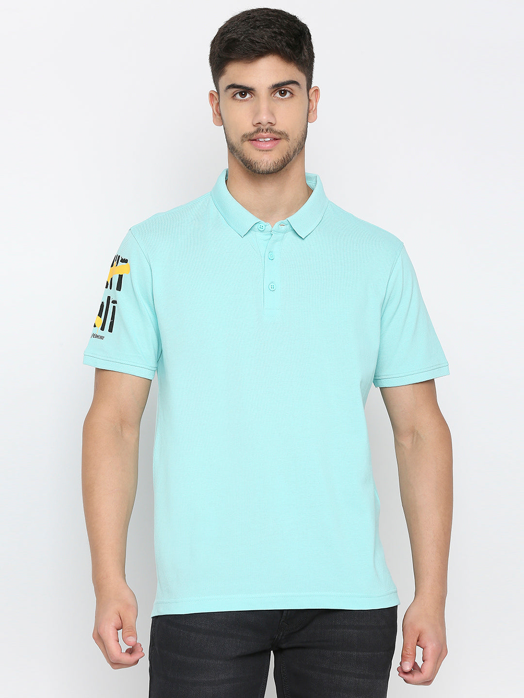 Spykar Bleached Aqua Cotton Half Sleeve Plain Polo T-Shirt For Men