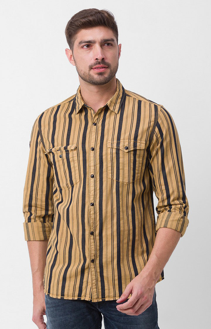 Spykar Camel Khaki Cotton Full Sleeve Stripes Shirt For Men