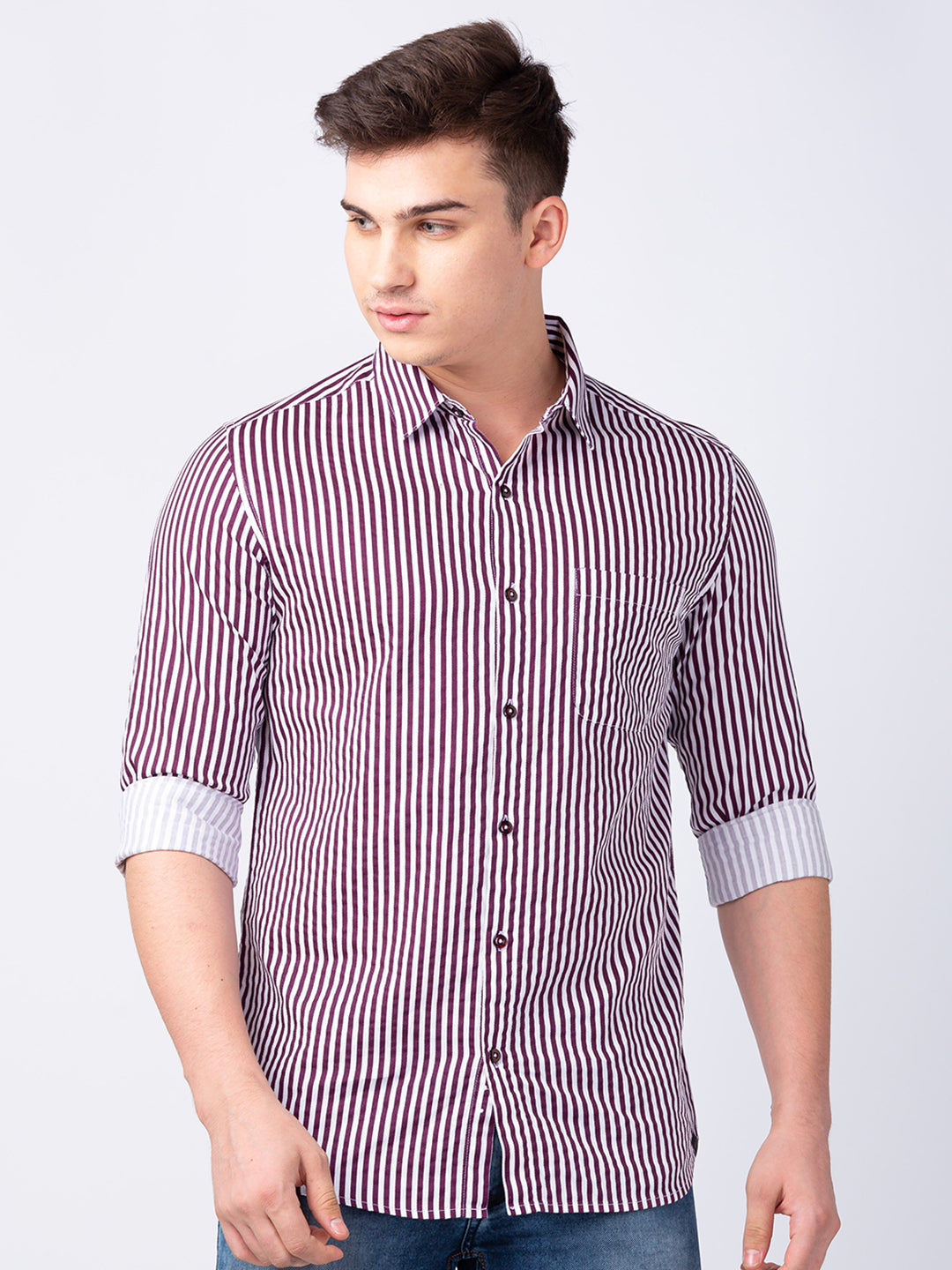 Spykar Men Wine Red Cotton Slim Fit Striped Shirt