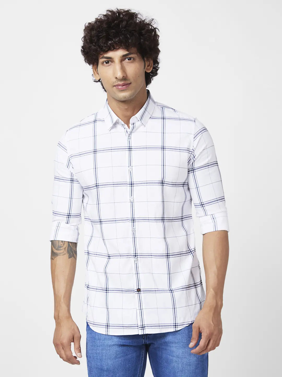 Spykar Men White Cotton Regular Slim Fit Full Sleeve Casual Checkered Shirt